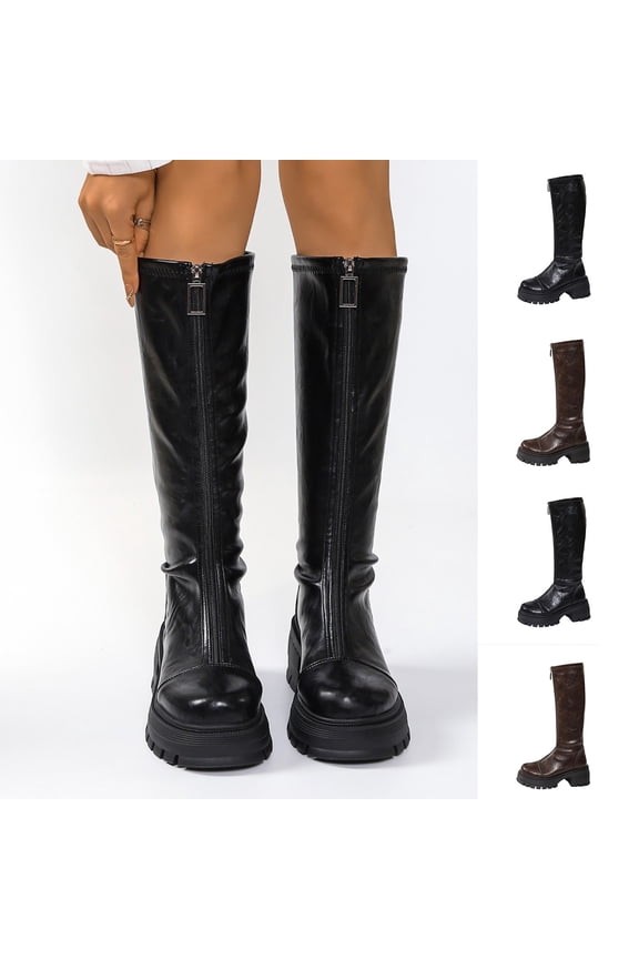 Womens Knee High Combat Boots Round Toe Platform Lug Sole Faux Leather Front Zipper Gothic Streetwear Boots Black Size US6
