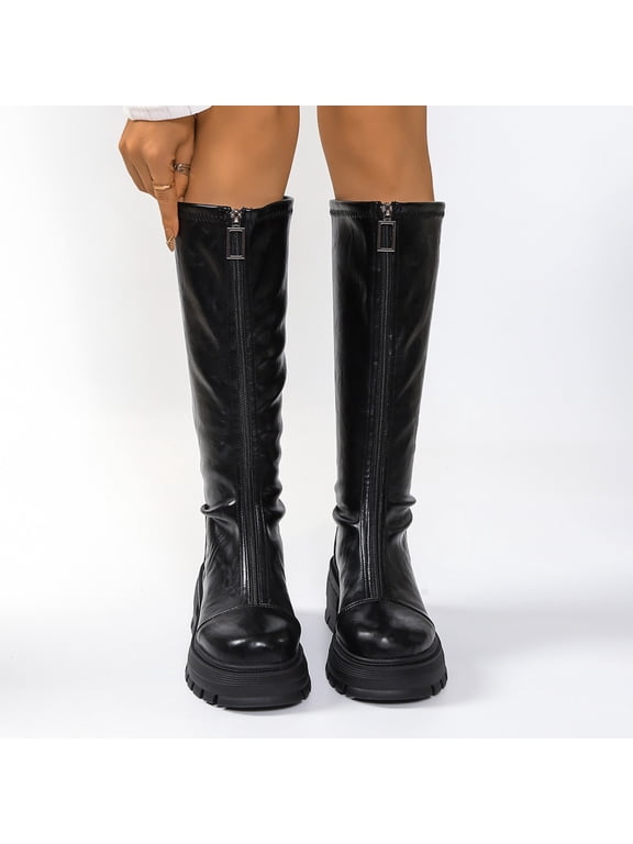 Womens Knee High Combat Boots Round Toe Platform Lug Sole Faux Leather Front Zipper Gothic Streetwear Boots Black Size US7