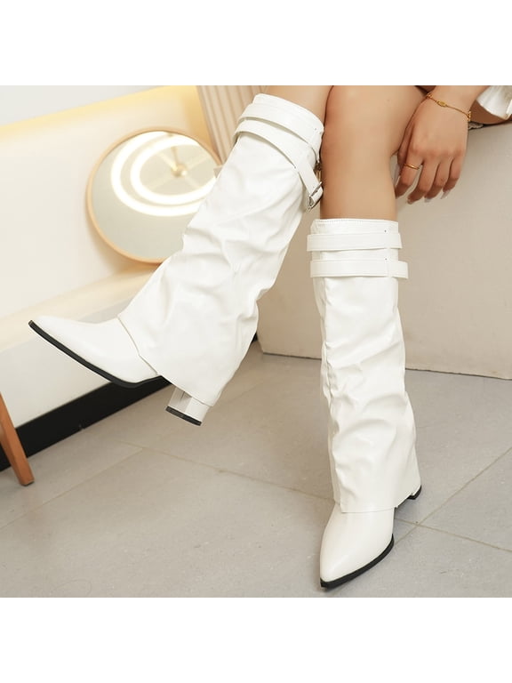 Womens Knee High Slouchy Boots Pointed Toe Buckle Wedge Heel Side Zip Faux Leather Comfortable Shoes White Size 6.5
