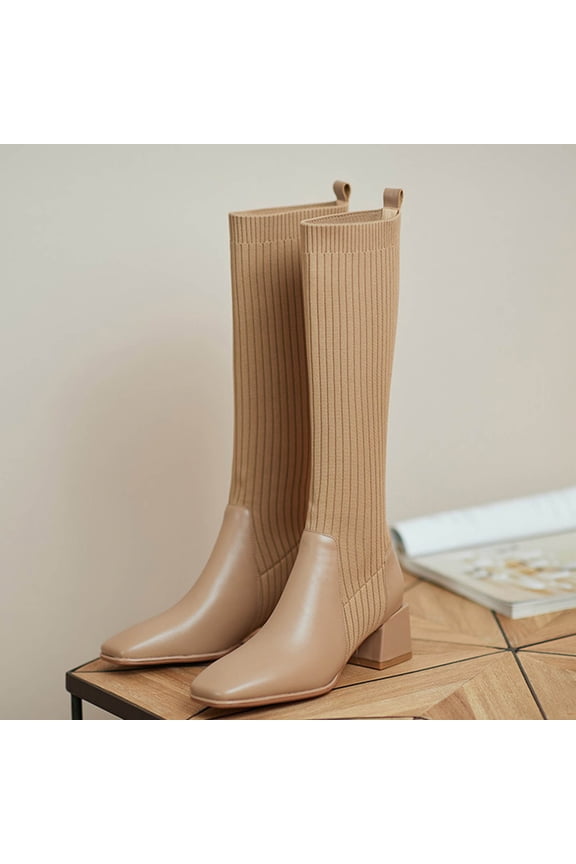 Womens Knee High Sock Boots, Chunky Heels Square Toe Knitted Stretch Tube Fashion Tall Boots Khaki US6.5