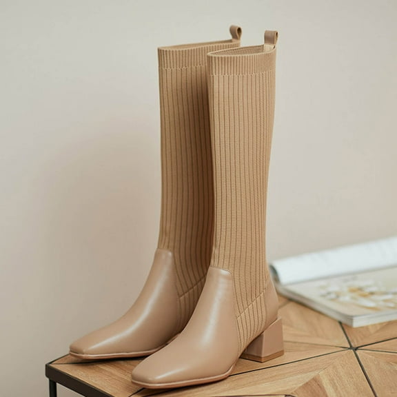 Viluyesy Womens Knee High Sock Boots, Chunky Heels Square Toe Knitted Stretch Tube Fashion Tall Boots Khaki US6.5