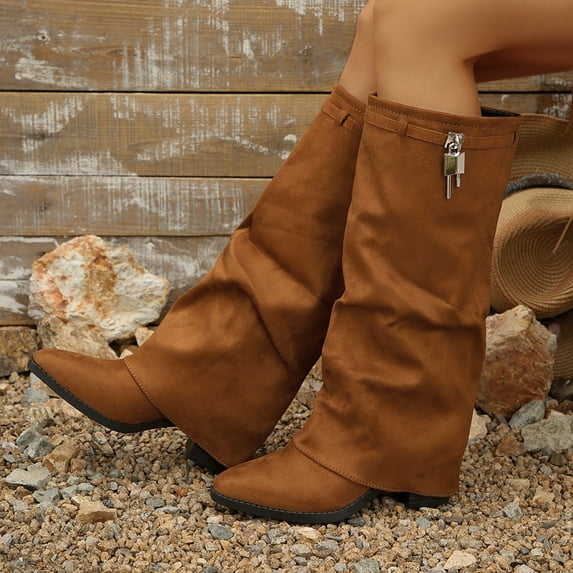 Viluyesy Womens Knee High Western Boots Pointed Toe Low Block Heel Faux Suede Slouch Foldable Cuff Street Fashion Boots Brown Size 6.5