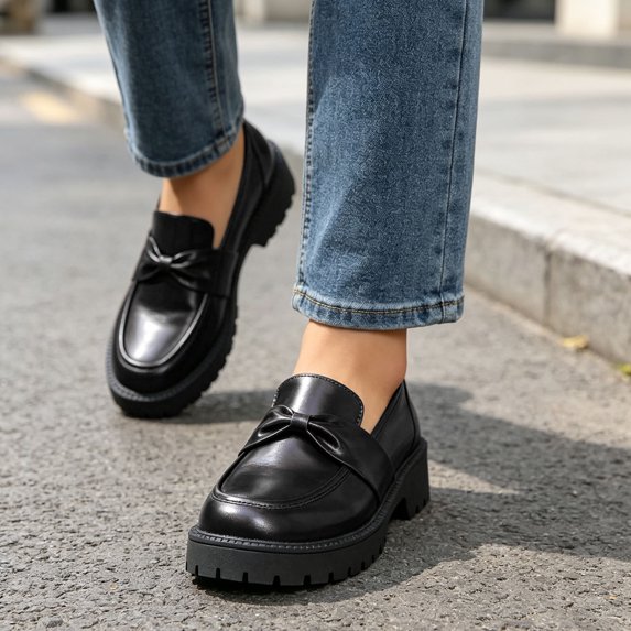 Viluyesy Womens Loafers Chunky Platform Bow Slip On Round Toe Comfortable Non Slip Casual Walking Work Shoes Black Size 7.5