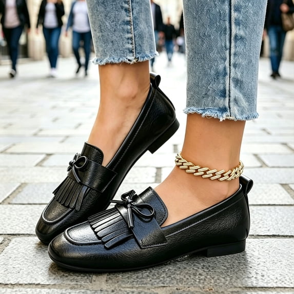 Viluyesy Womens Loafers Fringe Tassel Bow Slip On Round Toe Comfortable Lightweight Casual Walking Work Flats Black Size 6.5