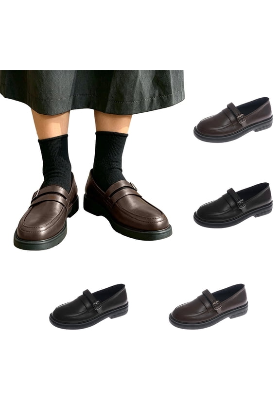 Womens Loafers Round Toe Faux Leather Buckle Strap Lug Platform Slip On School Preppy Office Non Slip Comfort Flat Shoes Black Size US6