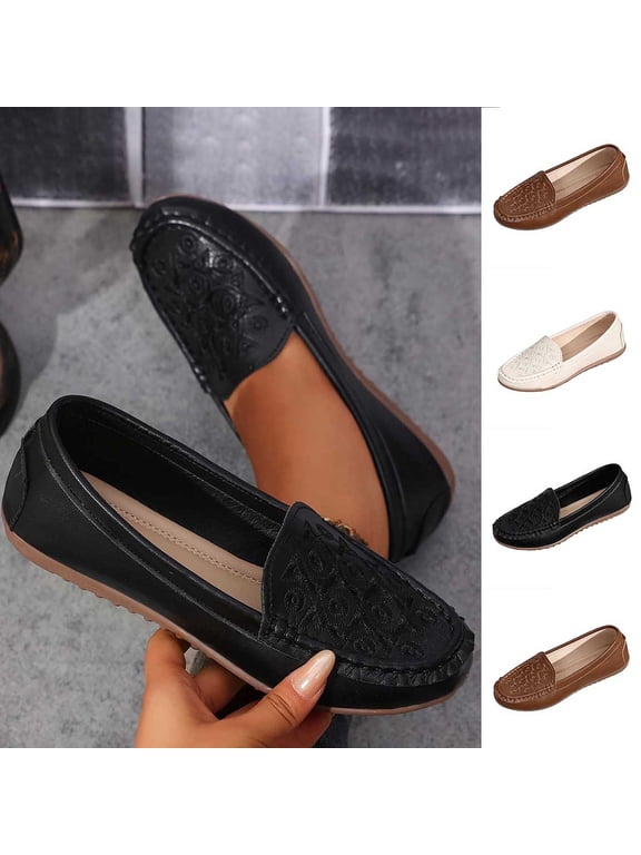 Womens Loafers Round Toe Faux Leather Embroidery Slip On Arch Support Non Slip Walking Comfort Flat Shoes Black Size US7.5