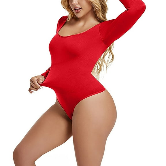 Viluyesy Womens Long Sleeve Shapewear, Scoop Neck Seamless Tight Fit Tummy Control Yogo Sculpting Butt Bodysuit Red 3XL