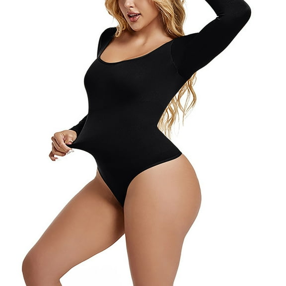 Viluyesy Womens Long Sleeve Shapewear, Tummy Control Seamless Tight Fit Scoop Neck Yogo Butt Bodysuit Black M