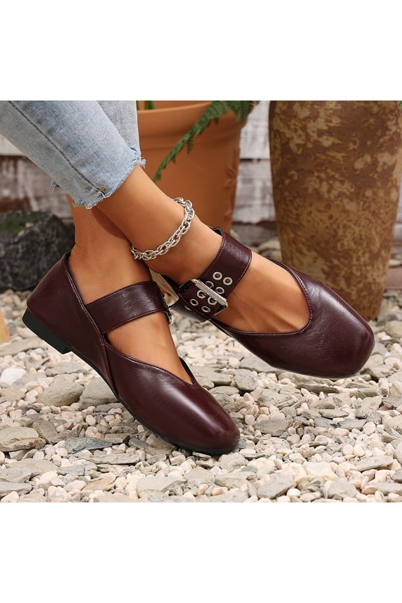 Womens Mary Jane Flats, Faux Leather Square Toe Adjustable Strap Fashion Dressy Flats Shoes Wine US8.5