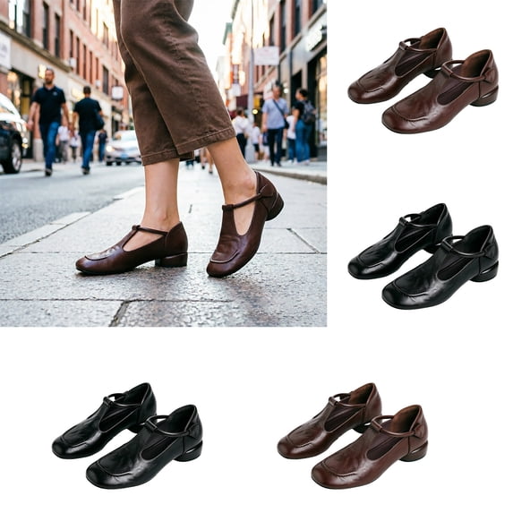 Viluyesy Womens Mary Jane Shoes Round Toe Faux Leather T Strap Slip On Low Block Heel Office Vintage Dressy Walking Comfort Heeled Shoes Black Size US6.5