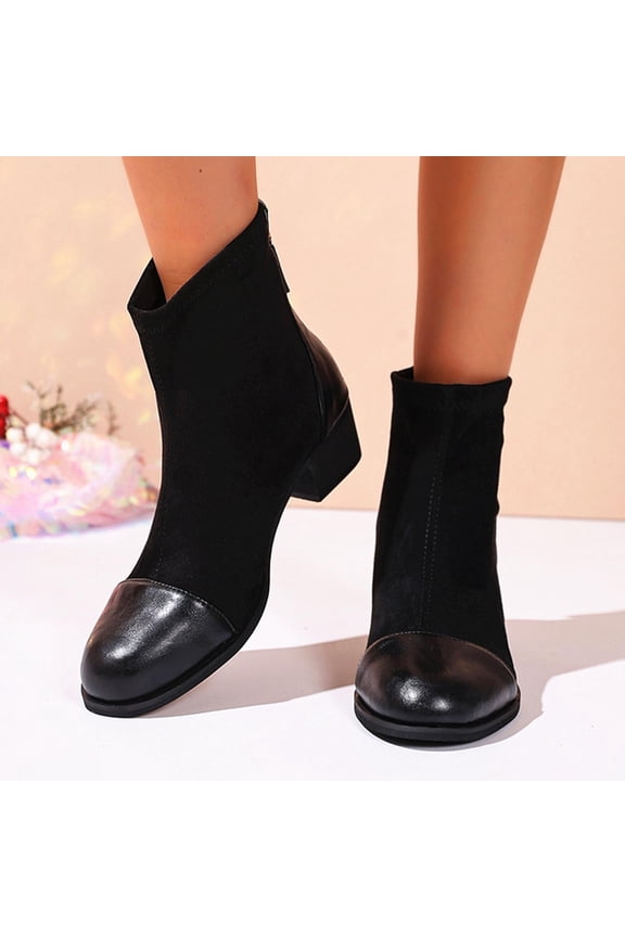 Womens Mid Calf Boots, Back Zipper Chunky Heels Round Toe Fashion Faux Leather Boots Black