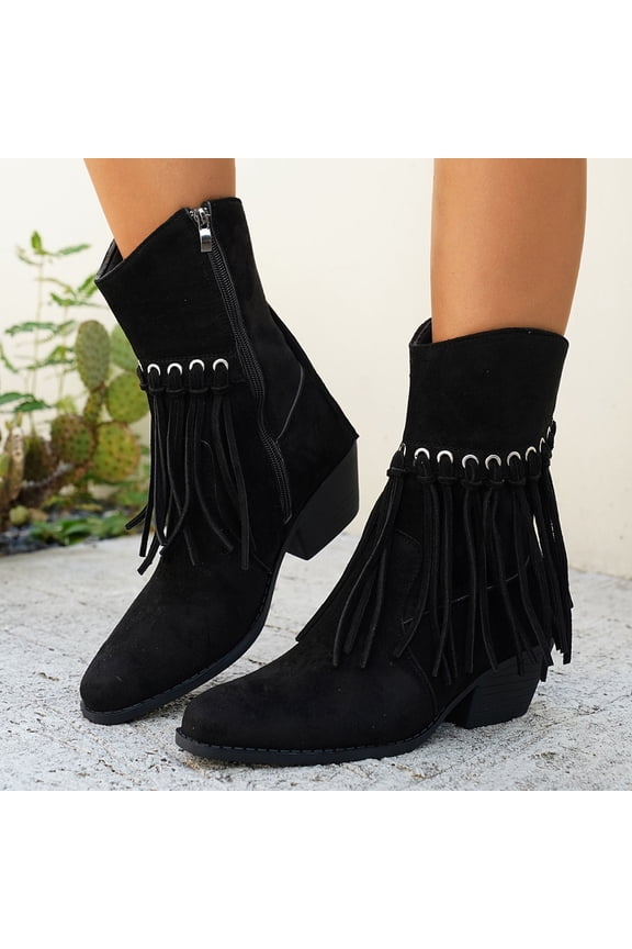Womens Mid Calf Boots, Chunky Heels Trendy Tassel Side Zipper Fall Winter Wide Calf Boots Black