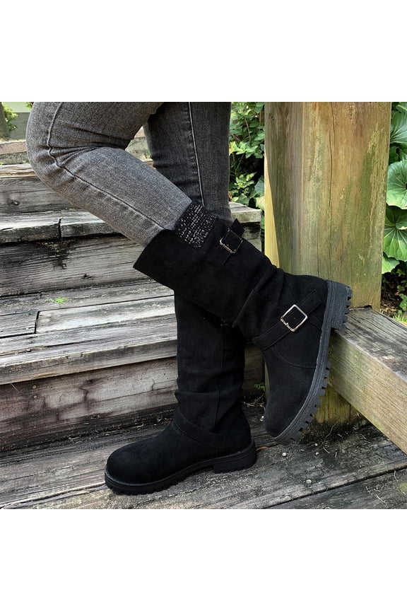 Womens Mid Calf Boots, Comfortable Pull On Round Toe Lug Sole Winter Fashion Boots Black US6