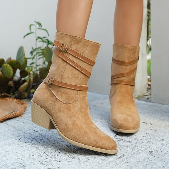 Viluyesy Womens Mid Calf Boots, Fashion Buckle Pointed Toe Block Heels Fall Winter Dress Boots Khaki