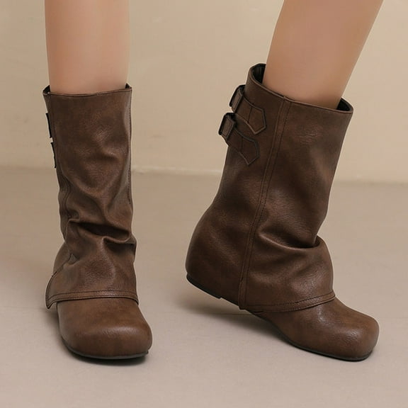 Viluyesy Womens Mid Calf Boots, Hidden Heel Square Toe Fashion Buckle Flodover Slouch Boots Coffee