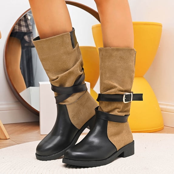 Viluyesy Womens Mid Calf Boots, Low Heels Fashion Buckle Suede & PU Leather British Style Fashion Boots Khaki US6
