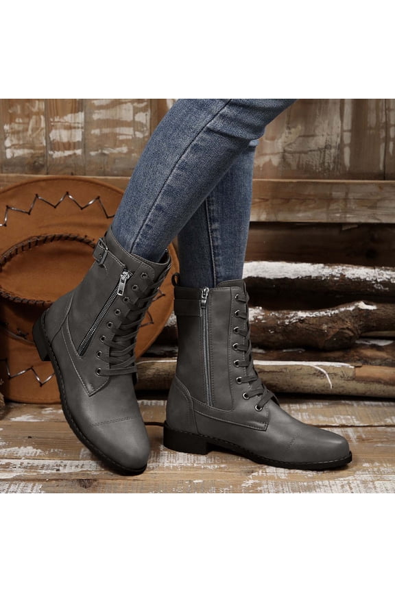 Womens Mid Calf Boots, Low Heels Zipper Round Toe Fall Winter Comfortable Fashion Boots Gray US7.5