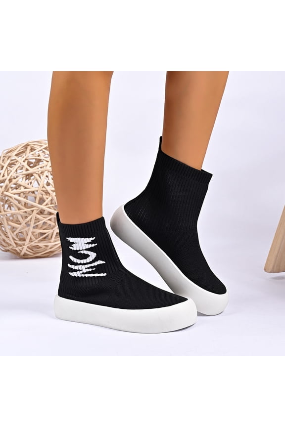 Womens Mid Calf Boots, Mesh Breathable Thick Sole Pull-On Fashion Stretch Socks Boots Black