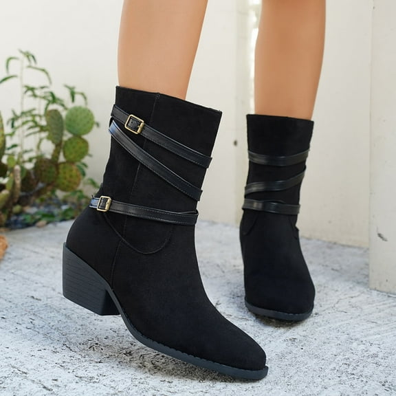 Viluyesy Womens Mid Calf Boots, Pointed Toe Block Heels Fashion Buckle Fall Winter Dress Boots Black