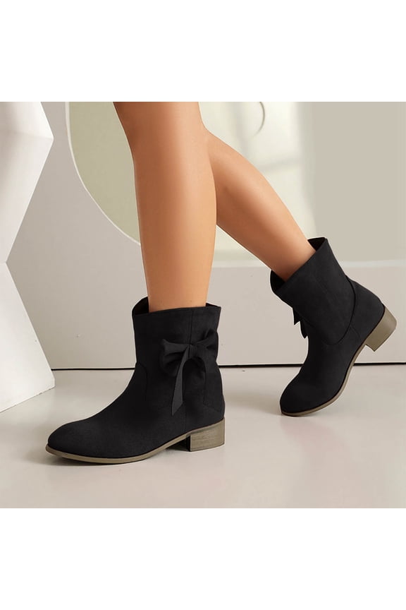 Womens Mid Calf Boots, Pull-On Chunky Heels Suede Leather Fall Winter Dress Boots Black