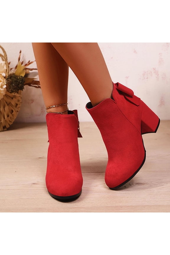 Womens Mid Calf Boots, Round Toe Block Heels Zipper Fall Winter Back Bow Suede Dress Boots Red