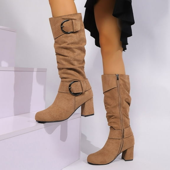 Viluyesy Womens Mid Calf Boots, Round Toe Buckle Side Zip-Up Chunky Heels Fall Winter Suede Leather Knee High Boots Brown
