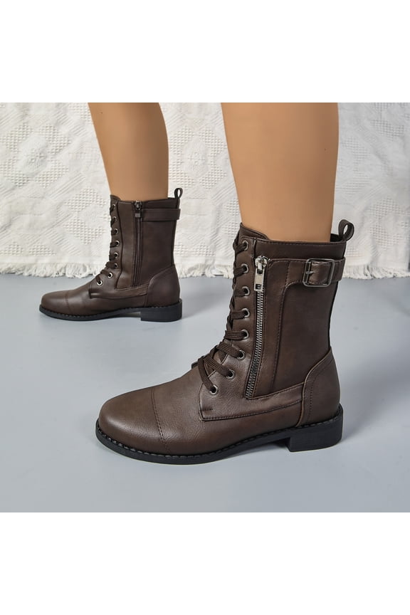Womens Mid Calf Boots, Round Toe Comfortable Zipper Lace Up Fashion Retro Moto Boots Coffee US9.5