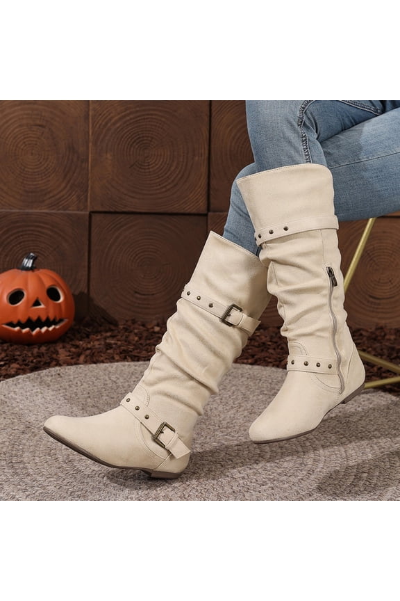 Womens Mid Calf Boots Round Toe Low Block Heel Faux Suede Rivet Buckle Strap Side Zipper Slouch Bohemian Street Boots Beige Size 8.5