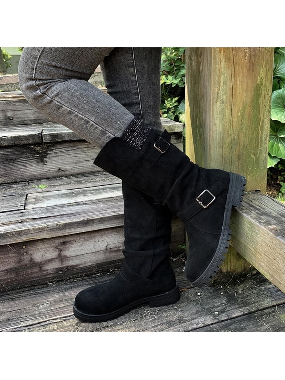 Womens Mid Calf Boots, Round Toe Lug Sole Comfortable Pull On Winter Fashion Boots Black US8.5