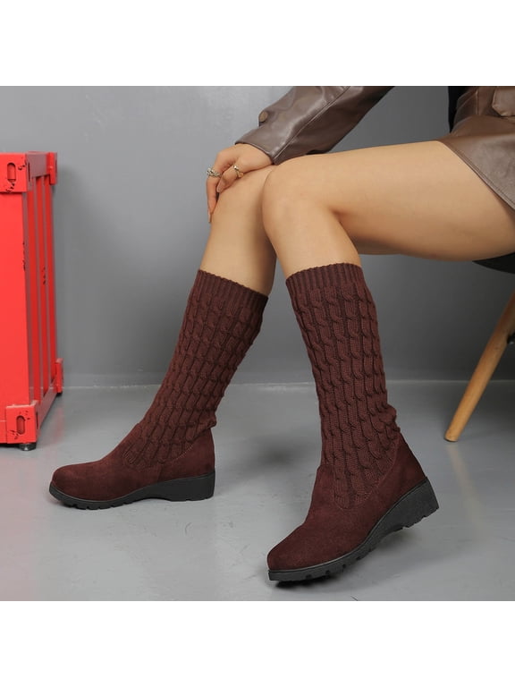 Womens Mid Calf Boots Round Toe Wedge Lug Sole Cable Knit Upper Stretch Pull On Warm Casual Fall Winter Boots Brown Size 9