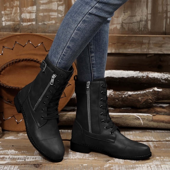 Viluyesy Womens Mid Calf Boots, Round Toe Zipper Low Heels Fall Winter Comfortable Fashion Boots Black US7