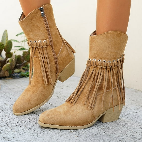 Viluyesy Womens Mid Calf Boots, Side Zipper Trendy Tassel Chunky Heels Fall Winter Wide Calf Boots Khaki