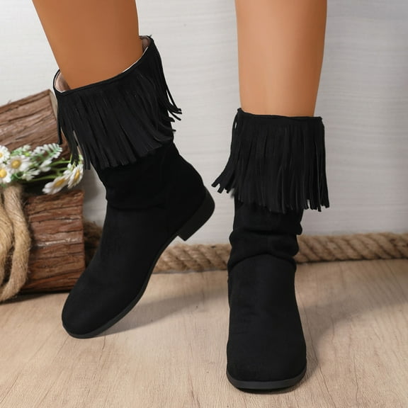 Viluyesy Womens Mid Calf Boots, Slip-On Low Heels Round Toe Fashion Tassel Slouch Boots Black US7