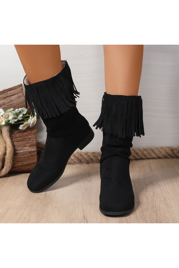 Womens Mid Calf Boots, Slip-On Round Toe Low Heels Fashion Tassel Slouch Boots Black US7.5