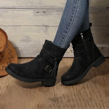 Viluyesy Womens Mid Calf Boots, Soft Sole Low Heels Lace Up Zipper Fall Winter Comfort Boots Black US7