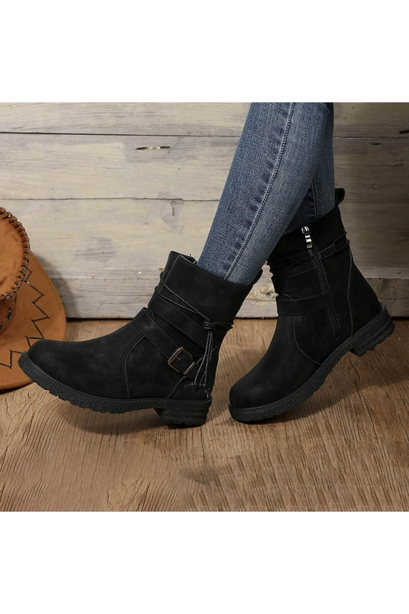 Womens Mid Calf Boots, Soft Sole Low Heels Lace Up Zipper Fall Winter Comfort Boots Black US9
