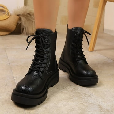 Viluyesy Womens Mid Calf Boots, Thick Sole Combat Shoes Lace-Up Fashion Motorcycle Boots Black US6.5