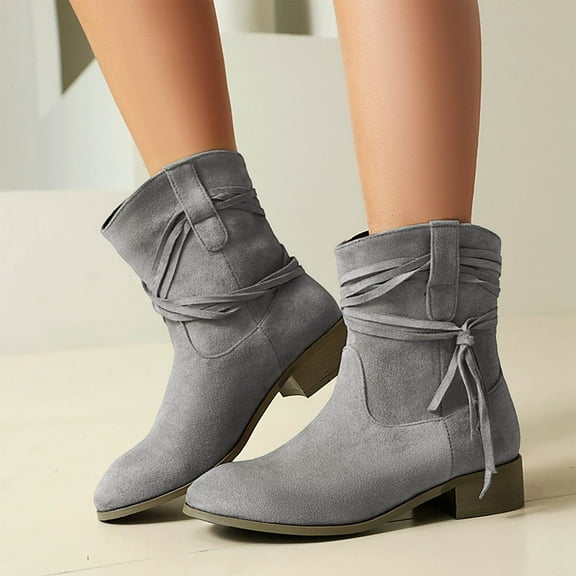 Viluyesy Womens Mid Calf Boots, Trendy Tassel Chunky Heels Round Toe Fall Winter Western Suede Boots Gray