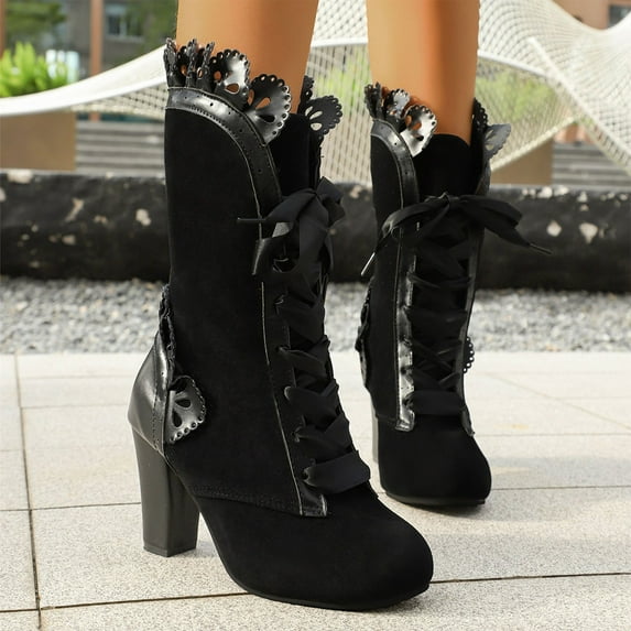Viluyesy Womens Mid Calf Boots, Zipper Lace Up Block High Heels Pointed Toe Fall Winter Fashion Moto Boots Black US6