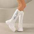thumbnail image 1 of Viluyesy Womens Mid Calf Combat Boots Round Toe Platform Lug Sole Faux Leather Rhinestone Embroidery Lace Up Punk Fashion Boots White Size US9, 1 of 9