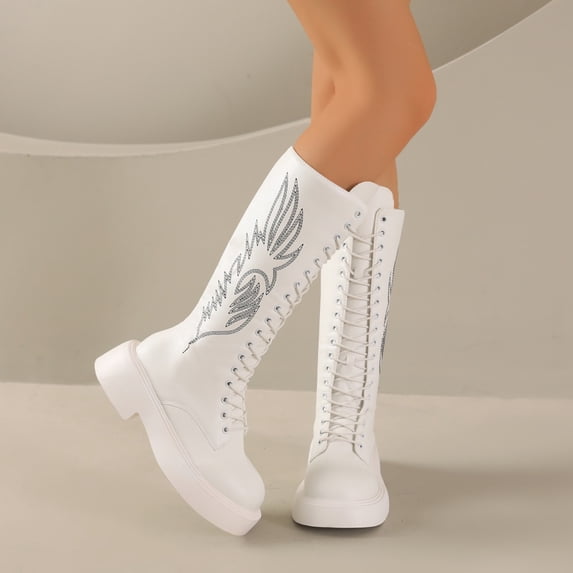 Viluyesy Womens Mid Calf Combat Boots Round Toe Platform Lug Sole Faux Leather Rhinestone Embroidery Lace Up Punk Fashion Boots White Size US9