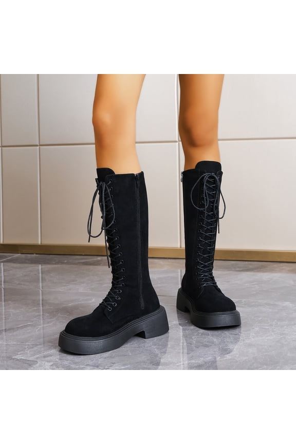 Womens Mid Calf Combat Boots Round Toe Platform Lug Sole Faux Suede Lace Up Side Zipper Streetwear Gothic Boots Black Size US5
