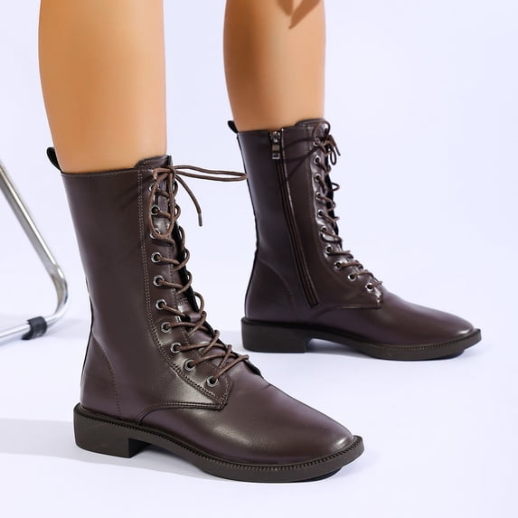 Viluyesy Womens Mid Calf Combat Boots Square Toe Low Block Heel Faux Leather Front Lace Up Side Zipper Daily Outdoor Trendy Boots Brown Size 6