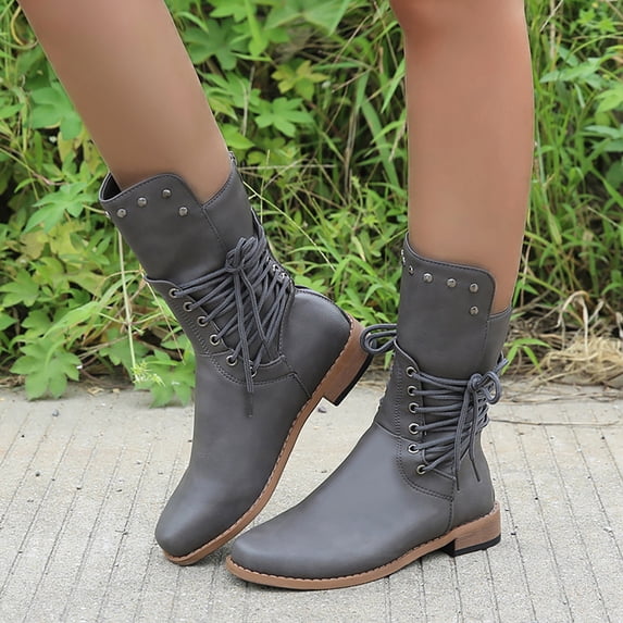 Viluyesy Womens Mid Calf Combat Boots Square Toe Stacked Block Heel Faux Leather Back Lace Up Vintage Street Casual Boots Gray Size 9.5