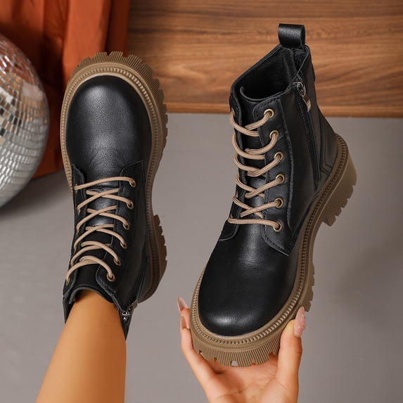 Viluyesy Womens Mid-Calf Moto Boots, Lace-Up Zipper Thick Sole Round Toe Fashion PU Leather Combat Boots Black