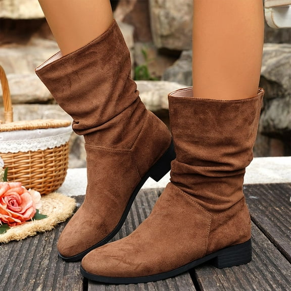 Viluyesy Womens Mid-Calf Slouch Boots, Low Heels Comfortable Pull-On Fall Winter Suede Boots Brown US7