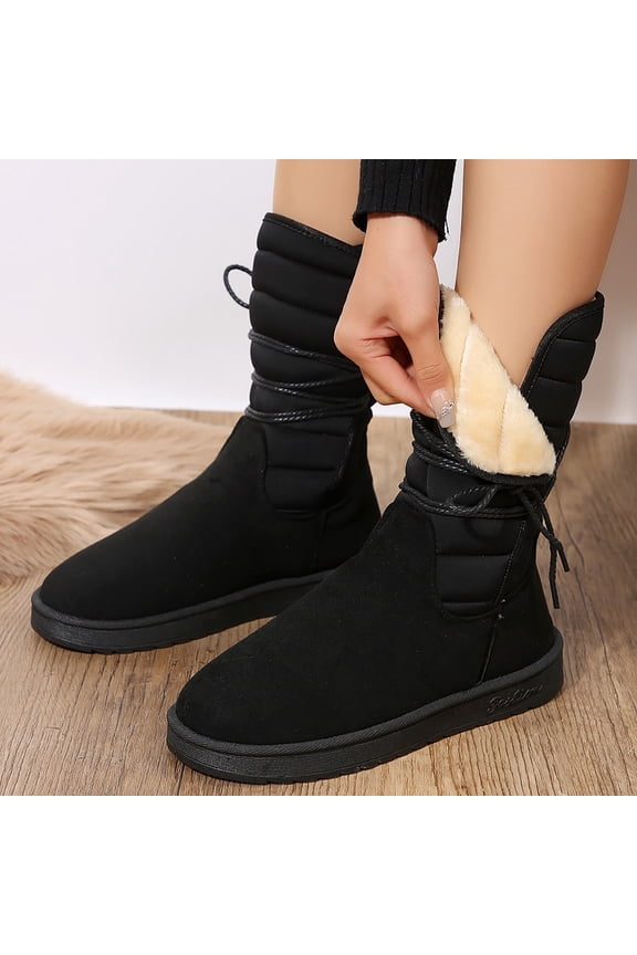 Womens Mid Calf Snow Boots Round Toe Flat Sole Faux Suede Quilted Panel Plush Lined Rear Drawstring Warm Outdoor Winter Boots Black Size 6.5