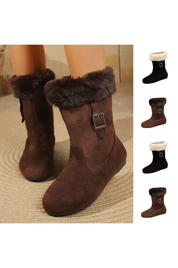 Womens Mid Calf Snow Boots Round Toe Flat Sole Faux Suede Turn Down Fur Cuff Metal Buckle Cozy Daily Winter Boots Black Size US7.5