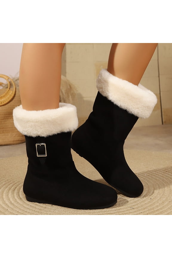Womens Mid Calf Snow Boots Round Toe Flat Sole Faux Suede Turn Down Fur Cuff Metal Buckle Cozy Daily Winter Boots Black Size US7
