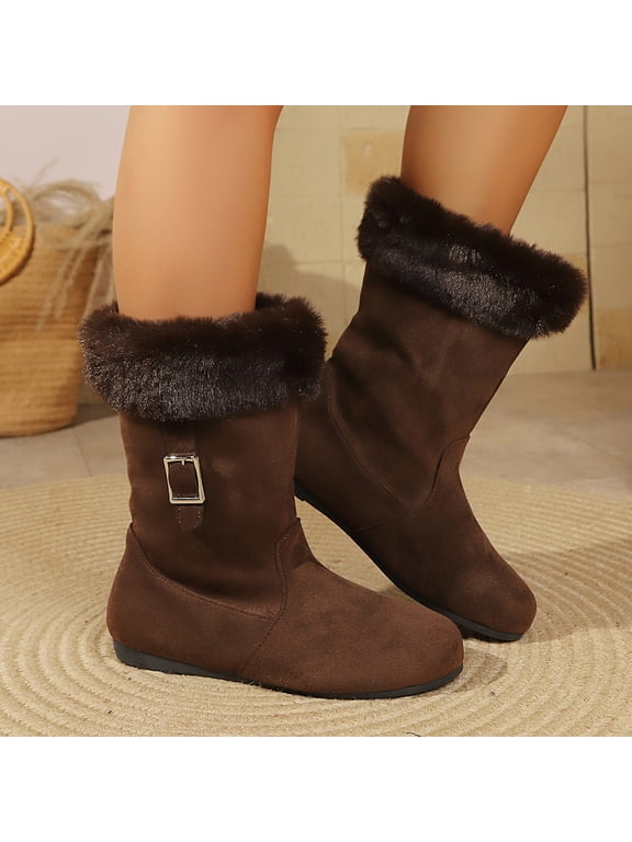 Womens Mid Calf Snow Boots Round Toe Flat Sole Faux Suede Turn Down Fur Cuff Metal Buckle Cozy Daily Winter Boots Brown Size US7
